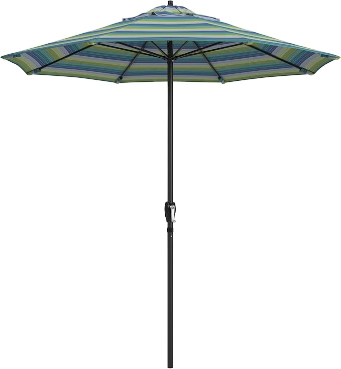 California Umbrella 12-Year Protection 7.5-Ft Outdoor Patio Umbrella, Sunbrella Fade-Resistant Fabric, Auto-Tilt, Heavy Duty Aluminum Frame, 8 Reinforced Ribs for Pool or Deck, Black Pole, Seville Seaside