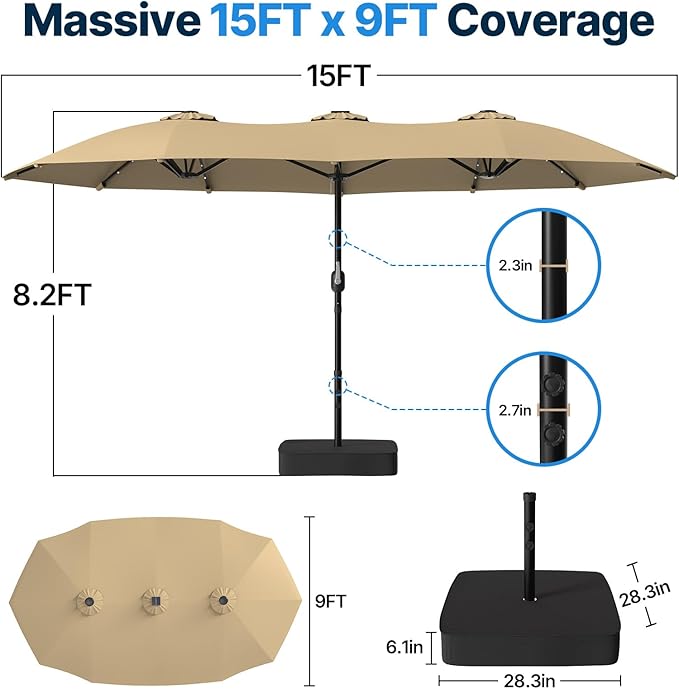 Suteck 15x9ft Patio Umbrella with Base & Solar Lights Included - Double-Sided Outdoor Large Umbrella with & Crank Handle, UV & Fade Resistant Canopy for Poolside, Backyard, Beige