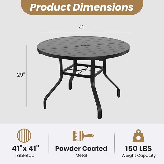 Soohow Round Outdoor Dining Table, 41" Round Patio Table with 1.57" Umbrella Hole, Metal Outdoor Dining Tables for Patio, Graden, Backyard and Poolside