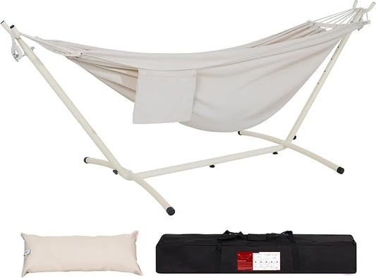 Lazy Daze Portable Hammock with Stand, Free Standing Hammock for Indoor Outdoor Patio Yard, Portable Hammock Has a Carrying Bag and Pillow, Hamacas Heavy Duty 2 Person Amaca 450 lbs Capacity (White)