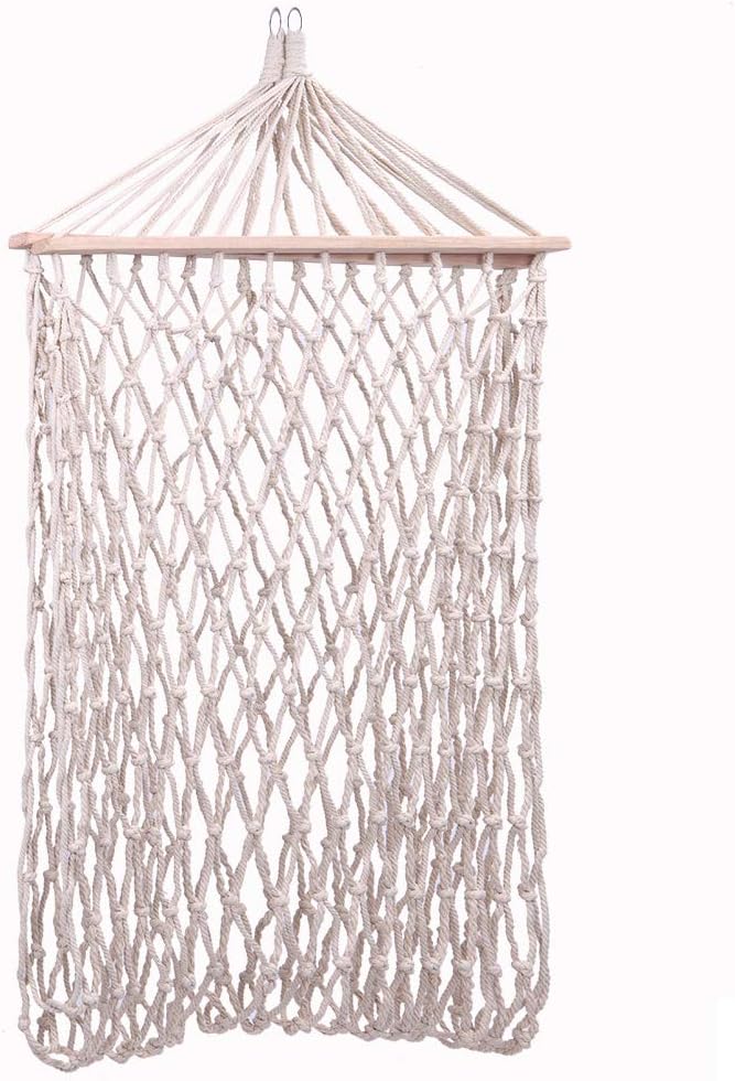 Vintage Hammock, Wood Pole Cotton Rope Hammock Bed with Rope,2-Person Woven Cotton Rope Double Hammock for Backyard,White