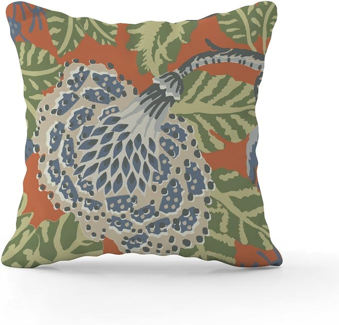 Pillow Cover Navy Blue Floral White Pillow Covers Modern Green and Orange Chinoiserie Pillow Cover Accent Farmhouse Decor Pillow for Patio Furniture Porch 16x16 in