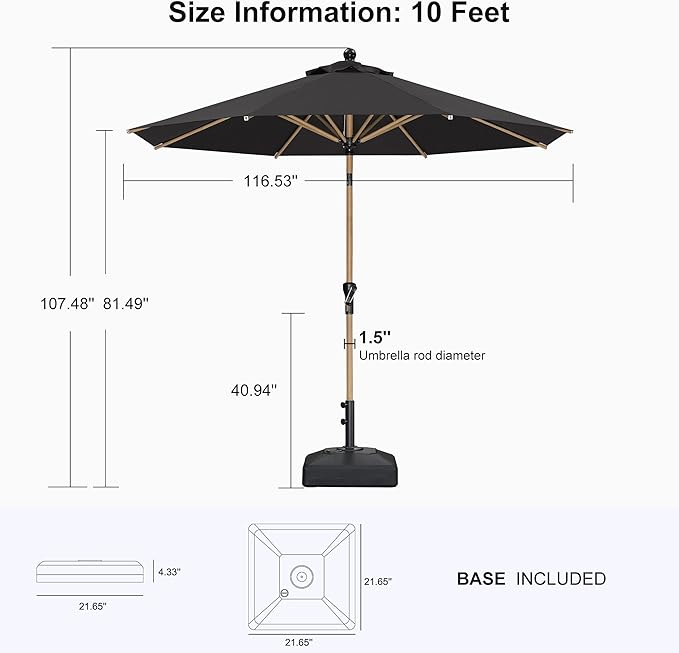 PURPLE LEAF 11 Feet Patio Umbrella with Base Market Umbrella Round Outdoor Umbrella with Push Button Tilt & Crank and 8 Ribs Aluminum Table Umbrella for Pool Backyard Beach, Black
