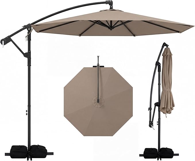 Tangkula 10ft Patio Umbrella with Base Included, Offset Cantilever Outdoor Umbrella with 360 Degree Rotation, 2 Sandbags, Crank Handle for Pool Deck Garden Backyard