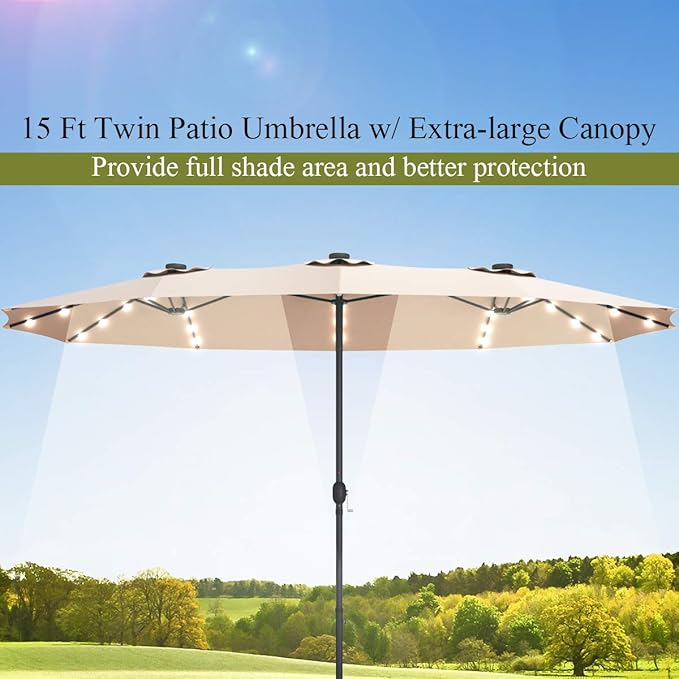 Tangkula 15 Ft Double Sided Patio Umbrella with Solar Lights, Extra Large Rectangle Outdoor Umbrella with 36 LED Lights & Crank Handle for Deck, Poolside, Garden, Backyard (Beige)