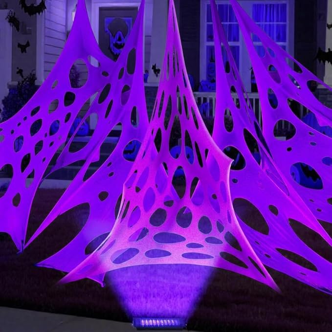 Glow in The Dark Purple 1000 Sqft Uncut Giant Spider Web Halloween Decorations Outdoor with 1 Black Light &10 Ground Nails Stretchy Beef Cloth Netting DIY for Yard Party