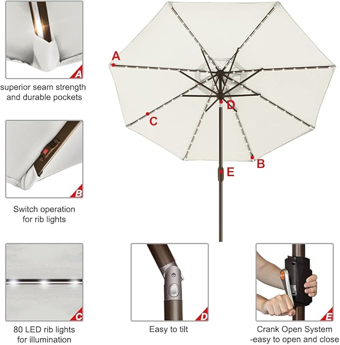 EliteShade USA 10-Year-Non-Fading 9ft Market Patio Umbrella, Commercial Grade Table Sun Umbrella with 80 Solar LED Lights, Crank Open, Windproof & UPF 50+ UV Protection for Garden, Deck, Pool, Backyard, Natural