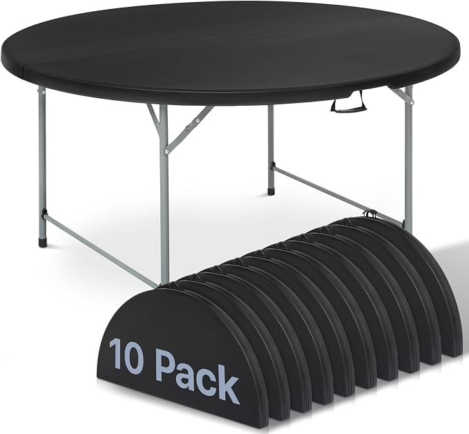 Magshion 65" Round Folding Table 5.5 Feet Plastic Bi-Folding Commercial Dining Event Table for Indoor Outdoor Camping Picnic Party, Black, 10 Pack