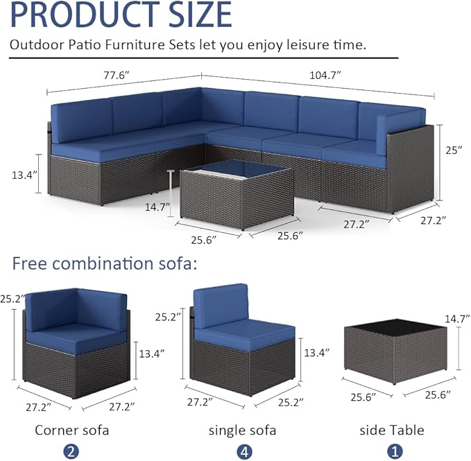 FIZZEEY 7 PCs Outdoor Patio Furniture PE Wicker Rattan Sectional Conversation Sofa Set, Dark Blue