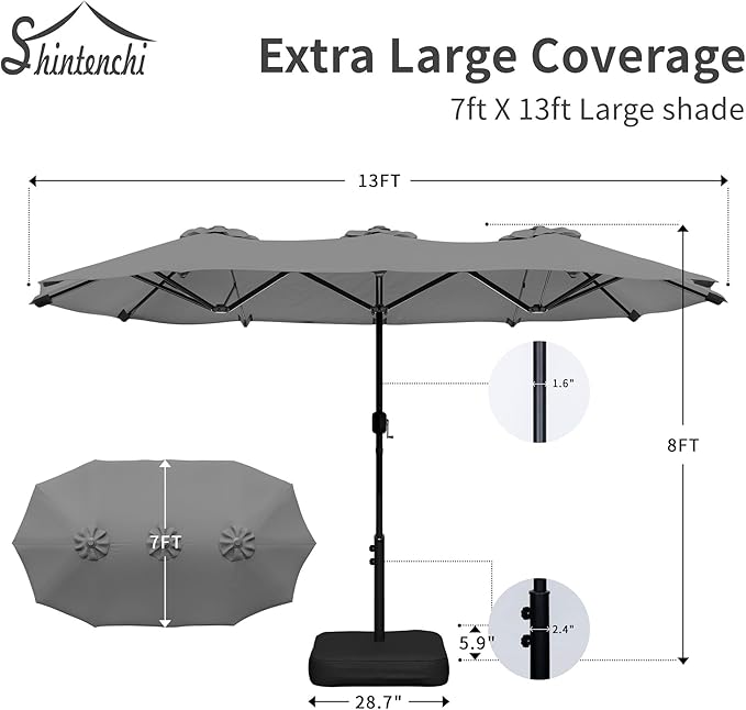 Shintenchi 13FT Large Patio Umbrella with Base Included, Outdoor Double-Sided Rectangular Shade with Crank Handle for Poolside Lawn, Deck & Garden, Gray