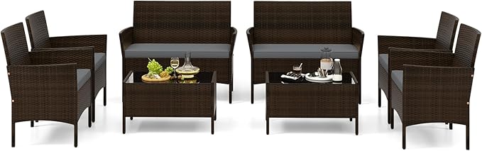 Tangkula 8 Piece Patio Rattan Conversation Set, Outdoor Wicker Furniture Set with Chair, Loveseat & Tempered Glass Table, Cozy Seat Cushions, Outside Sectional Sofa Set for Backyard, Porch (2, Grey)