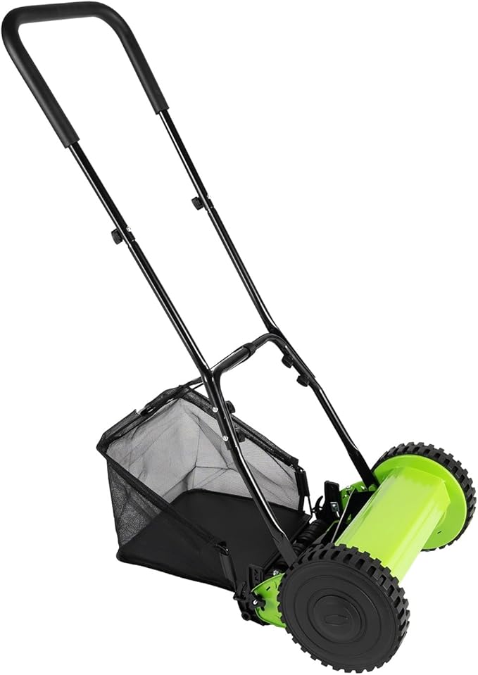 Manual Push Reel Lawn Mower with 5 Steel Blades & 6-Gallon Grass Catcher, 12" Cutting Width, Adjustable Height, Durable Push Lawn Sweeper with Anti-Slip Wheels for Yard/Garden