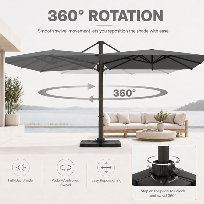 Cantilever Patio Umbrella, Large Square Outdoor Offset Umbrella with Aluminum Pole, 360-degree Rotation for Garden, Deck, Pool