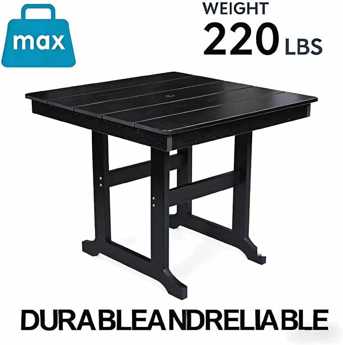 Modern HDPE Patio Dining Table 35x35 Inch Square Outdoor Table with Umbrella Hole, Weather Resistant Furniture for Garden Deck Poolside Yard Lawn, 220 LBS Capacity, Black