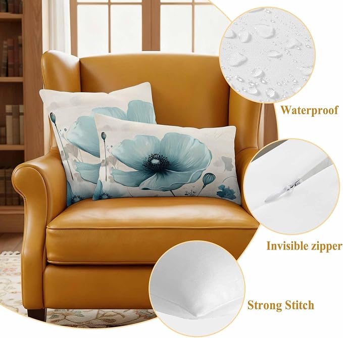 Blue Flowers Butterfly Outdoor Waterproof Throw Pillow Covers Set of 2, 20"x12", Watercolor Retro Leaf Pastoral Style Decorative Pillow Covers Outside Cushion Case for Patio Porch Garden