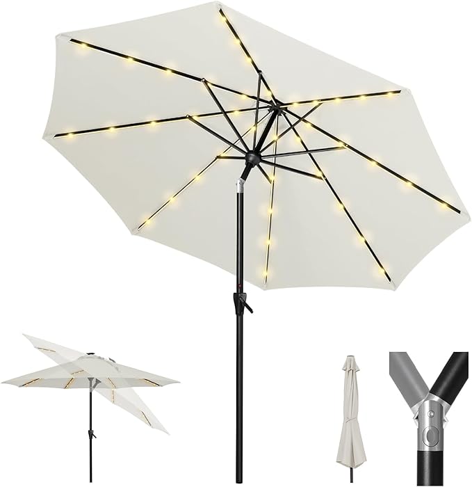 Tempera Solar Patio Umbrella 40 LED Lighted Outdoor Umbrella Table Market Umbrella with Push Button Tilt and Crank, Solar Umbrella with Sturdy Pole&Fade Resistant Canopy, Easy to Set