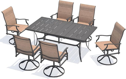 BUPPLEE Outdoor Patio Dining Set with 6 Swivel Chairs, Metal Table with Umbrella Hole, 7-Piece Patio Table and Chairs for Backyard, Poolside, Balcony and Garden (Brown)