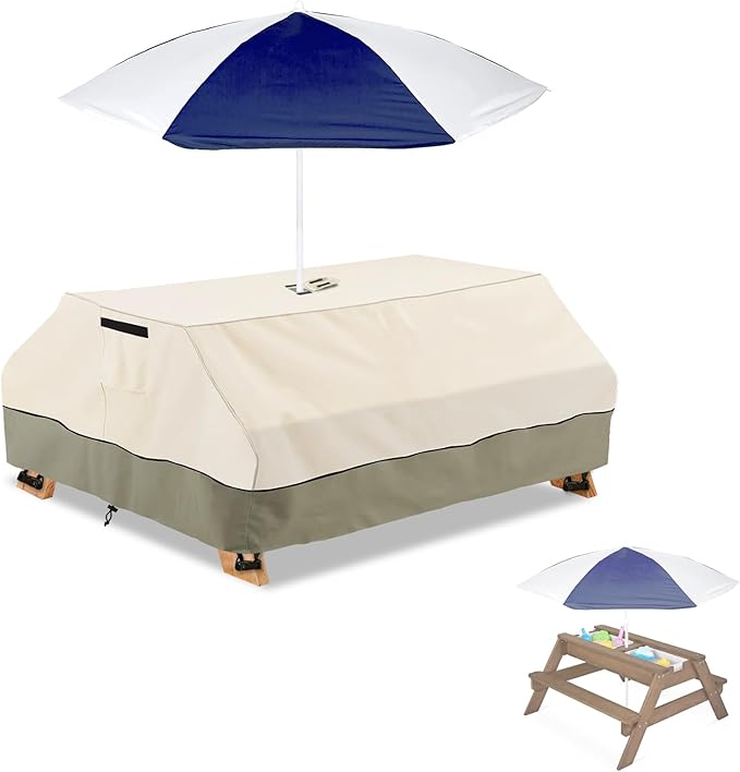 Bitubi Kids Picnic Table Cover with Umbrella Hole for Kids 3-in-1 Sand & Water Table, Waterproof Wood Outdoor Convertible Picnic Table Cover,Beige