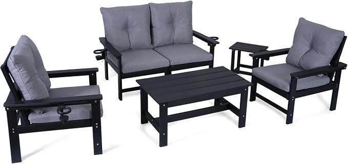 Patio Furniture Set 4 Seat, HDPE All-Weather Outdoor Sectional Conversation Sofa with Coffee Table, Washable Think Cushions for Lawn, Garden, Deck, Porch, Black