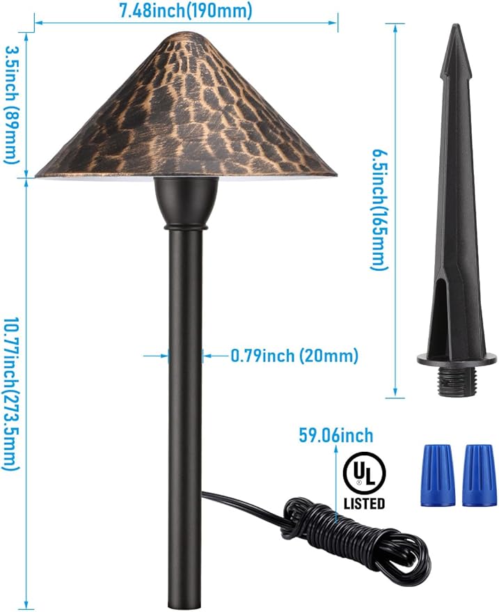LEONLITE LED Low Voltage Landscape Path Light, 3W 12-24V AC/DC, Pathway Lighting Wired, Outdoor Light for Yard Lawn, ETL CRI90+ Unique Vintage Golden Texture, Aluminum, 3000K Warm White, Pack of 4