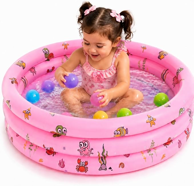 Baby Pool for Toddlers 1-3 with Bubble Bottom, Inflatable Kiddie Pool for Kids with Easy Drain Plug, Small Blow Up Pool for Backyard Summer Water Play, Durable Kids Swimming Pool (Pink)