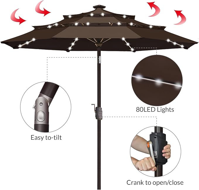 EliteShade USA 10-Year-Non-Fading 9ft 3-Tier Market Patio Umbrella, Commercial Table Umbrella with 80 Solar LED Lights, Crank Open, Windproof & UPF 50+ UV Protection for Garden, Deck, Pool, Backyard, Chestnut