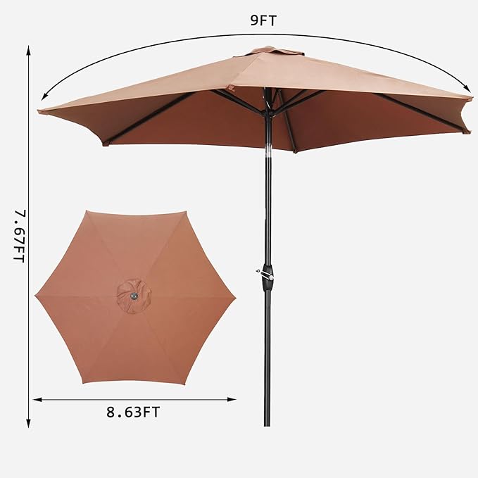 9ft Patio Umbrella Outdoor Portable Table Market Umbrella with Push Button Tilt/Crank,Coffee