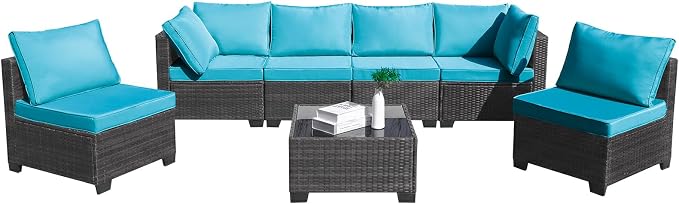 CANMOV 7 Pieces Patio Furniture Sets, All Weather Outdoor Patio Conversation Set, PE Wicker Rattan Sectional Sofa Couch Glass Coffee Table Washable Cushions, Peacock Blue