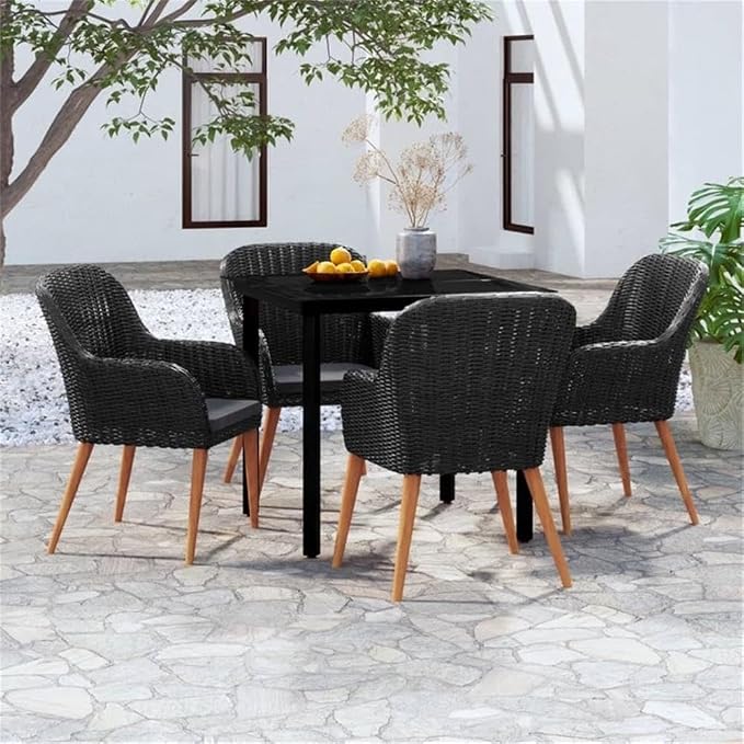 BOWERY HILL 5-Piece Patio Dining Set, 31.5 in Square Table with 4 Chairs, Black Poly Rattan and Powder-Coated Steel, Removable Cushions, Compact Weather-Resistant Garden Furniture for Outdoor Terrace