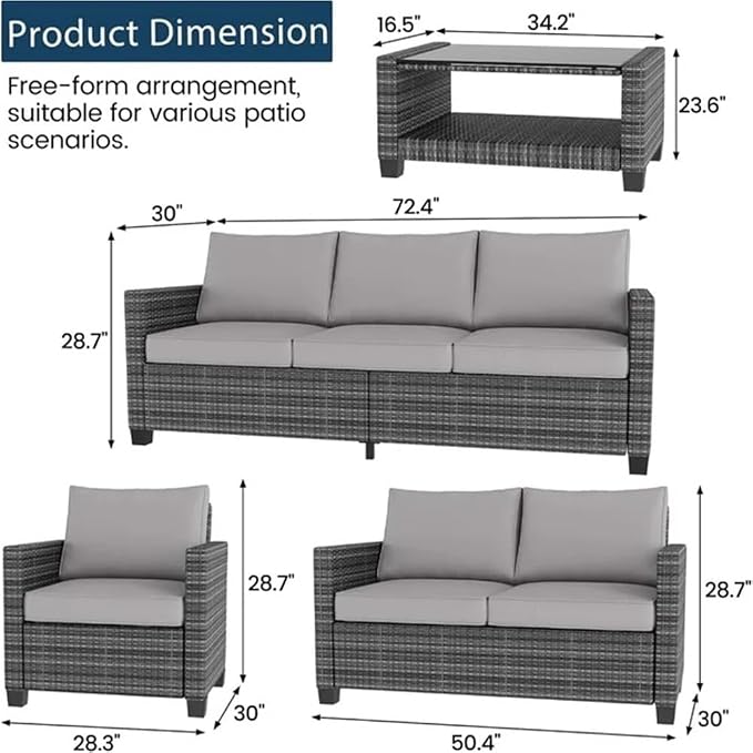 5-Piece Outdoor Patio Furniture Sets PE Rattan Furniture Sectional Sofa Set with Storage Table Patio Conversation Sets for Garden Backyard Lounge
