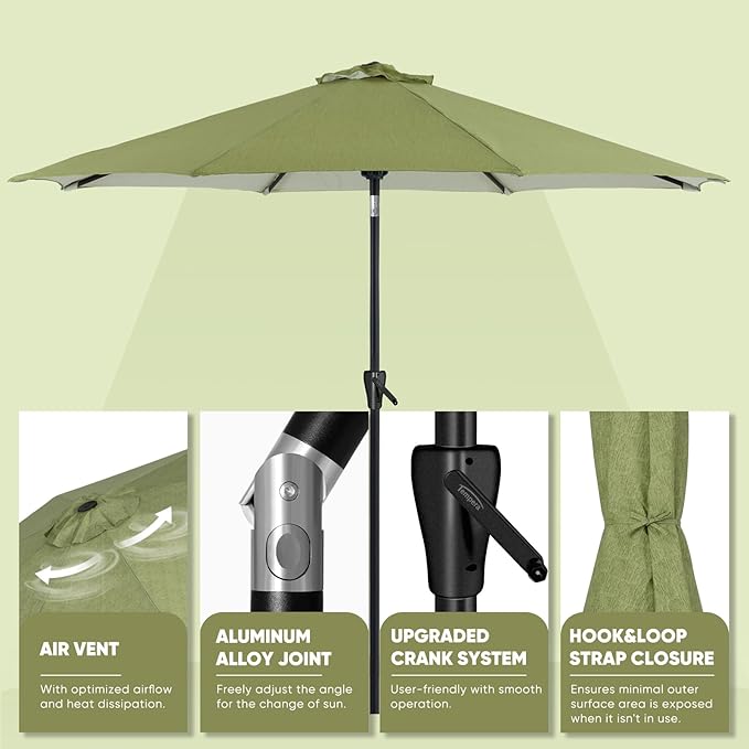 Tempera Patio Market Outdoor Table Umbrella with Push Button Tilt and Crank, Large Sun Umbrella with Sturdy Pole & Fade Resistant Canopy, Easy to Set