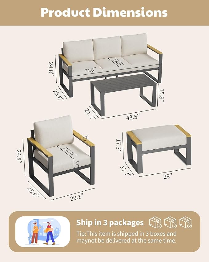 IDEALHOUSE Aluminum Outdoor Patio Furniture - 1 Pcs 3-Seat Sofa and Coffee Table, All-Weather Metal Modern Outside Furniture with Washable Thick Cushion for Balcony, Garden, Deck, Backyard, Beige