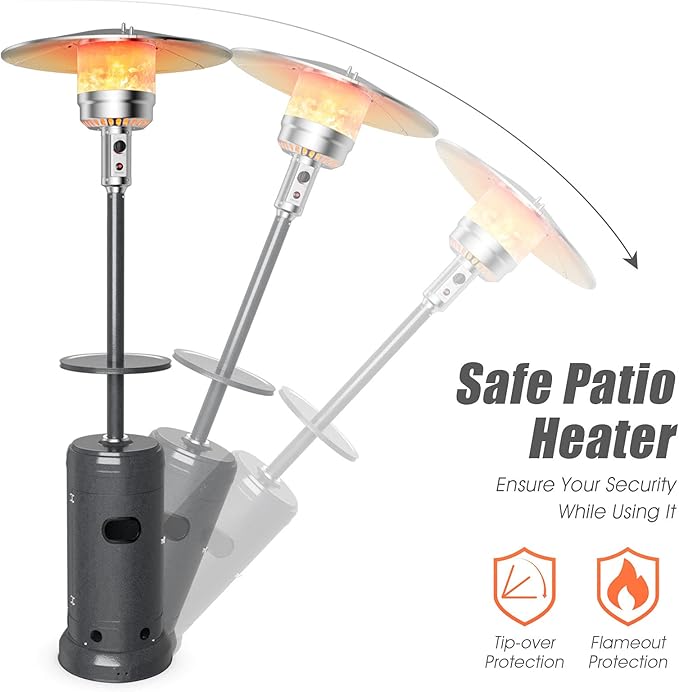 S AFSTAR 48000 BTU Outdoor Patio Heater, Portable Propane Heater w/Drink Shelf Tabletop, Wheels, Base Reservoir, 87-inch Tall Standing Heating Lamp Tower for Garden Veranda Porch Party (Grey)