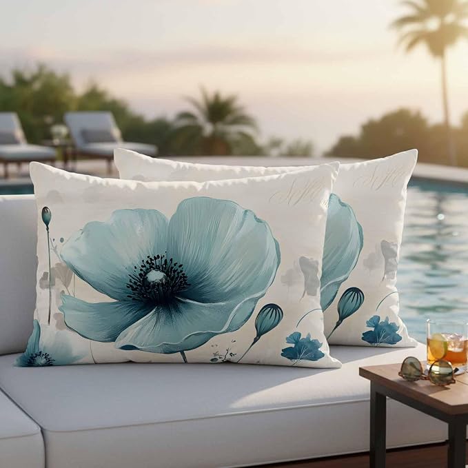 Blue Flowers Butterfly Outdoor Waterproof Throw Pillow Covers Set of 2, 20"x12", Watercolor Retro Leaf Pastoral Style Decorative Pillow Covers Outside Cushion Case for Patio Porch Garden