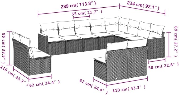 12 Piece Patio Sofa Set with Cushions, Porch Furniture Set Patio Conversation Set Outdoor Sofa Sets Front Porch Furniture for Negotiation Area Garden Piazza Poolside Black Poly Rattan