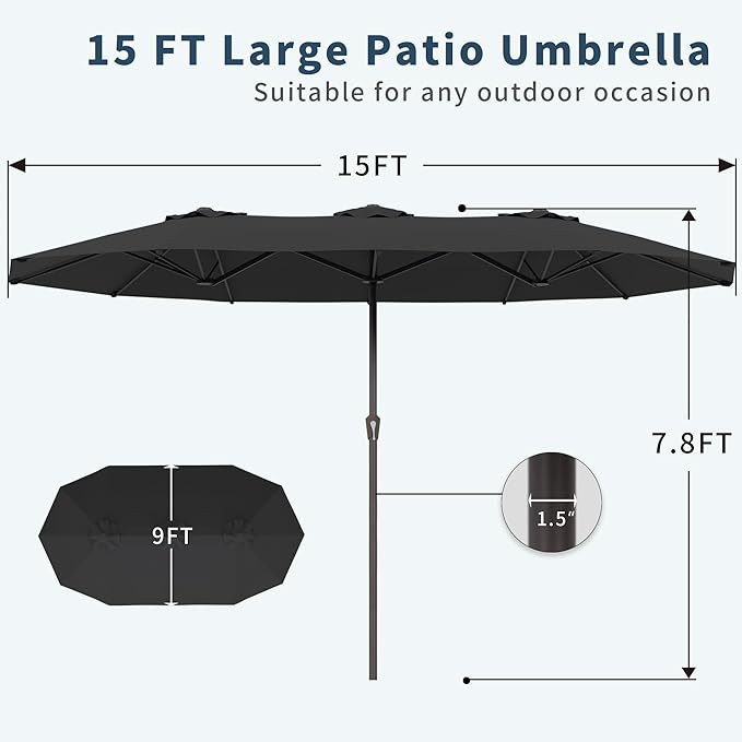 PatioKingdom 15FT Large Patio Umbrella with Base, Double Sided Rectangular Outdoor Umbrella with Sturdy Fiberglass Ribs, Market Umbrella for Pool,Garden,Backyard,Deck (Black, 15FT)