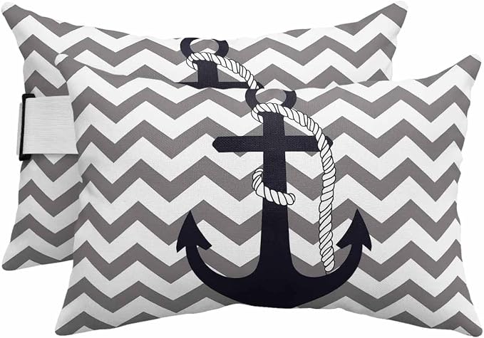 Nautical Anchor Outdoor Pillows Waterproof Covers, Gray Background Adjustable Elastic Chaise Lounge Head Resting Pillows, Decorative Lumbar Pillow for Pool Patio Furniture