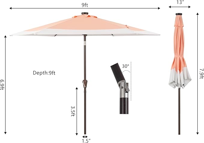 JONATHAN Y Spencer 9 ft. Solar Powered LED Patio Umbrella with Crank and Tilt, Hexagon Outdoor Market Sunshade for Garden, Deck and Pool, Coral Pink/White, Dark Brown Pole UMB1100D