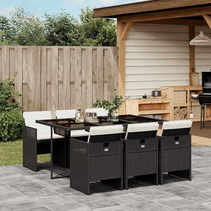 7-Piece Garden Dining Set with Rectangular Table and 6 High-Back Chairs, Black Poly Rattan Frame and Cream Cushions for Outdoor Patio Balcony