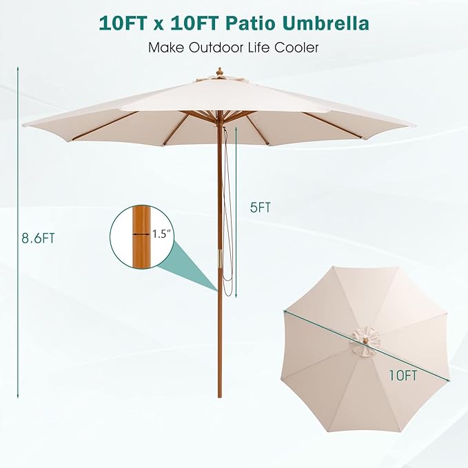 Giantex 10FT Patio Umbrella, Outdoor Table Market Umbrella with 8 Bamboo Ribs, Pulley Lift and Ventilation Hole, Outdoor Sunshade Umbrella for Poolside Backyard Beach