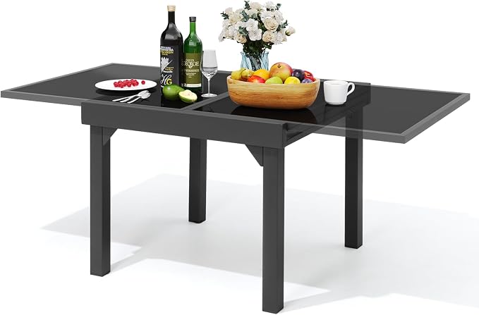 Modern Aluminum Outdoor Dining Table - Expandable Patio Glass Dining Table for 6-8, Extendable Aluminum Patio Extender Table 35" to 70" for Backyard, Porch, Deck, Garden - Dark Grey