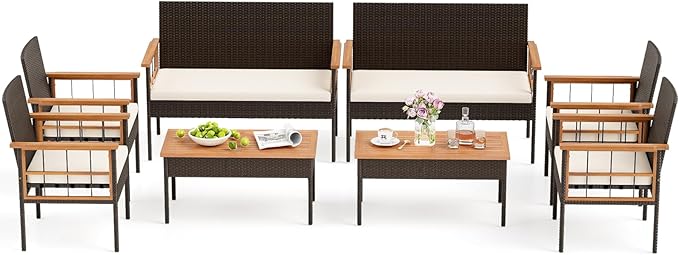 Tangkula 8 Pieces Wicker Patio Conversation Furniture Set, Outdoor Rattan Cushioned Armchairs & Coffee Table Set with Acacia Wood Tabletop for Backyard, Porch, Balcony