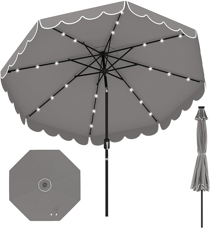 HAPPYGRILL 10 FT Patio Umbrella with Solar Lights, Market Sunshade with Ruffles, Vented Top, Tilt Adjustment & Built-in Crank, Outdoor Parasol Canopy for Backyard Poolside Deck Beach Lawn