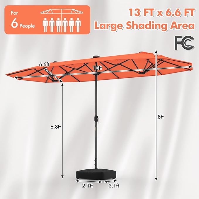 HAPPYGRILL Double-Sided Patio Umbrella with Solar Lights, 13FT Large Umbrella with Base Included, Crank Handle, Market Twin Table Umbrella for Outdoor Backyard Garden Poolside