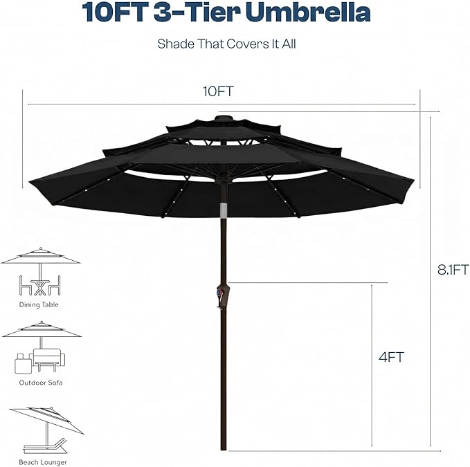 10ft 3-Tier Patio Umbrella with 32 Solar Powered LED Lights, Windproof Outdoor Market Umbrella for Deck, Poolside & Garden, Sturdy Push-Button Tilt Table Umbrella, Black