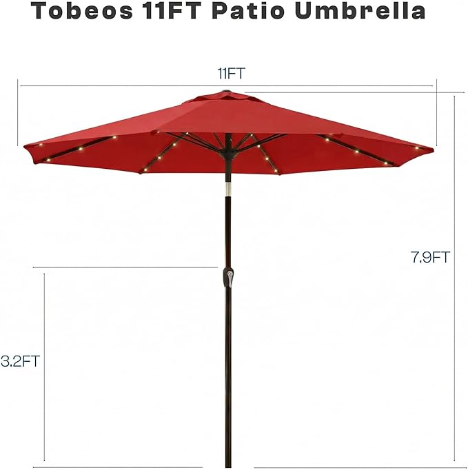 11FT Solar Lighted Patio Umbrella, Outdoor Table Market Umbrellas with Crank Lift, 32 LED Lights, 8 Sturdy Ribs, UV-Resistant for Deck, Garden, Pool