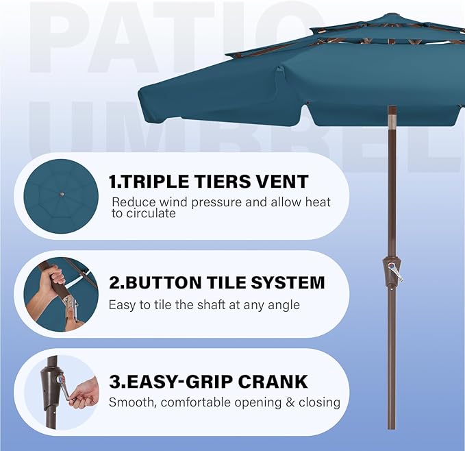 JEAREY 3 Tiers 9 FT Patio Umbrellas Outdoor Table Umbrella with Push Button Market Umbrella 8 Sturdy Ribs UV Protection Waterproof for Garden,Lake Blue