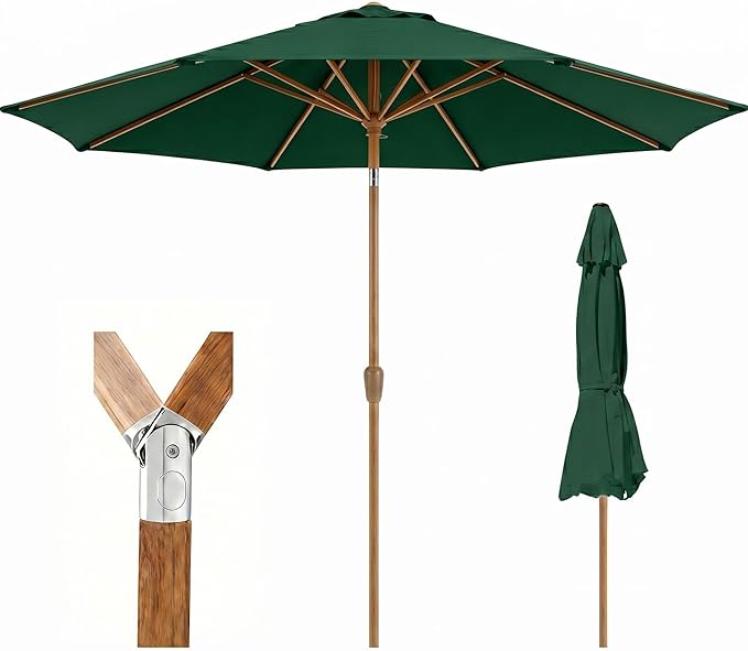 9ft Outdoor Patio Umbrella, Market Table Umbrella with Crank and Easy Push Button Tilt, Wood Grain Frame, UPF 50+ for Pool, Garden, Deck, Backyard