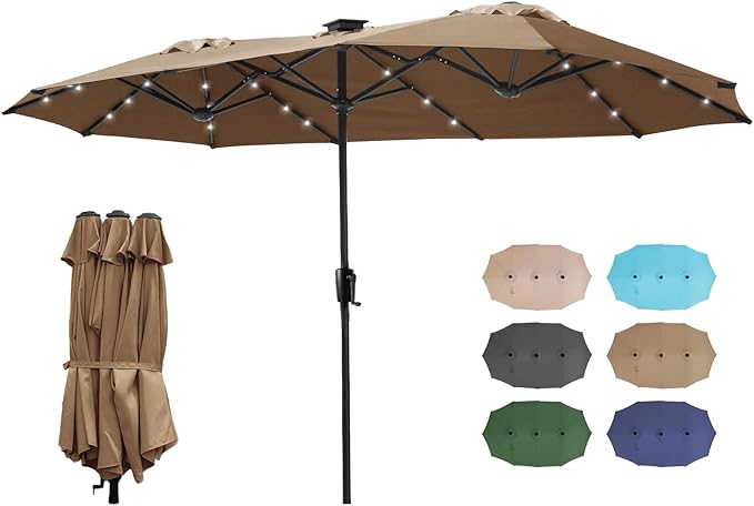FREE SOLDIER 13ft Patio Umbrella with 36 LED Solar Lights Double Sided Outdoor Umbrella for Patio Table Umbrella with Solar lights for Garden Yard Pool (Tan)
