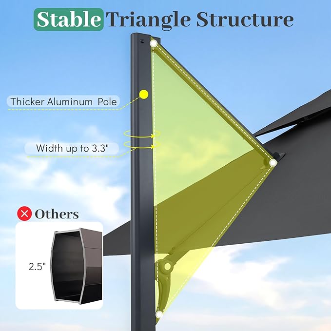 Tangkula 10 FT Patio Cantilever Umbrella, Large Square Offset Hanging Umbrella w/ 360° Rotation, 8 Sturdy Ribs, Air Vent & Cross Base, Heavy-Duty Outdoor Sun Shade for Backyard Pool Garden Deck, Grey